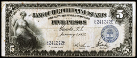 Filipinas. 1933. The Bank of the Philippine Islands. 5 pesos. (Pick 22). Manila, I de enero. Serie E. BC+.