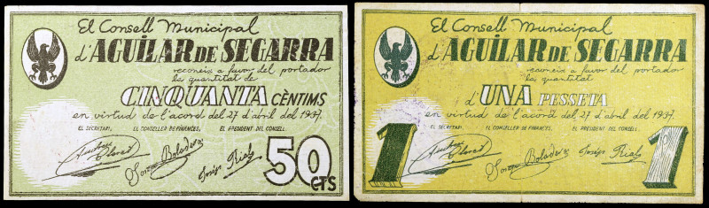 Aguilar de Segarra. 50 céntimos y 1 peseta. (T. 22a y 23). 2 billetes, todos los...