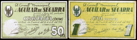 Aguilar de Segarra. 50 céntimos y 1 peseta. (T. 22a y 23). 2 billetes, todos los de la localidad. Escasos. MBC-/EBC.
