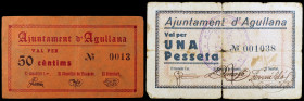 Agullana. 50 céntimos y 1 peseta. (T. 24 y 28). 2 billetes, el de 50 céntimos nº 0013. Raros. BC-/MBC+.