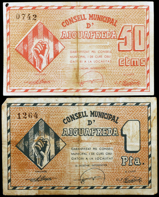 Aiguafreda. 50 céntimos y 1 peseta. (T. 29 y 30). 2 billetes, todos los de la lo...