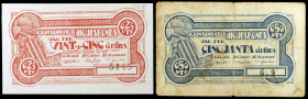 Aigüesbones. 25 y 50 céntimos. (T. 36 y 39). 2 billetes. MBC-/EBC.