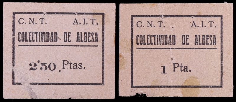 Albesa. Colectividad C.N.T-A.I.T. 1 y 2,50 pesetas. (T. 79 y falta) (RGH. 6118 y...