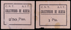 Albesa. Colectividad C.N.T-A.I.T. 1 y 2,50 pesetas. (T. 79 y falta) (RGH. 6118 y falta). 2 cartones, uno inédito, con restos de papel pegados al dorso...