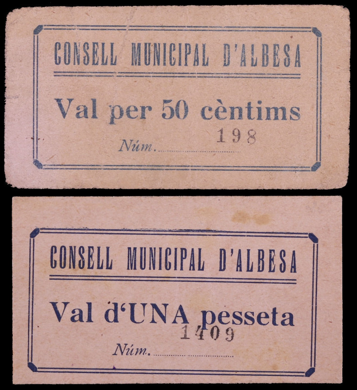 Albesa. 50 céntimos y 1 peseta. (T. 86b y 87). 2 cartones, el de 50 céntimos nº ...