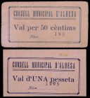 Albesa. 50 céntimos y 1 peseta. (T. 86b y 87). 2 cartones, el de 50 céntimos nº 198. Raros. MBC-/MBC+.