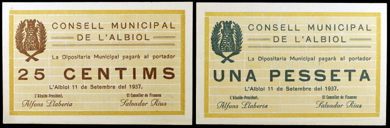 Albiol, l'. 25 céntimos y 1 peseta. (T. 91 y 92). 2 billetes, todos los de la lo...