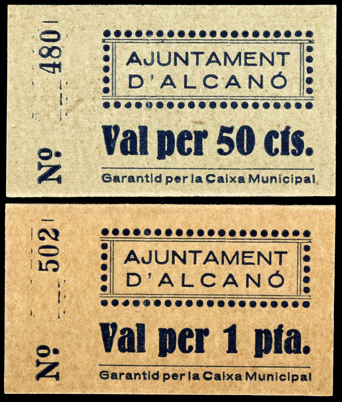 Alcanó. 50 céntimos y 1 peseta. (T. 99 y 100). 2 cartones, todos los de la local...