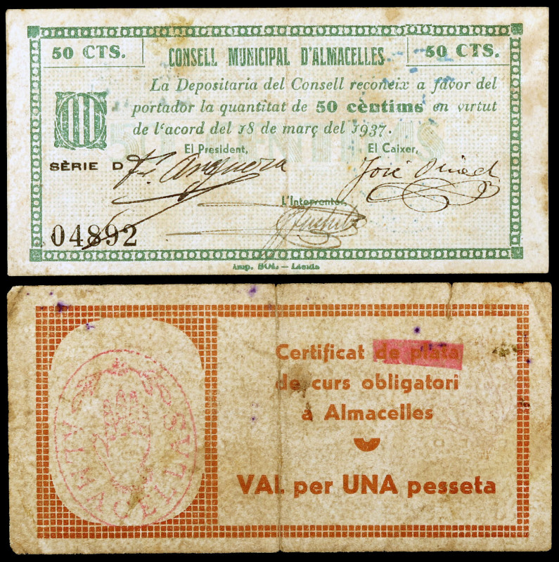 Almacelles. 50 céntimos y 1 peseta. (T. 151k, 152e). 2 billetes, serie completa....