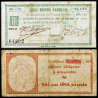 Almacelles. 50 céntimos y 1 peseta. (T. 151k, 152e). 2 billetes, serie completa. El de peseta con "de plata" del certificado tachado. Escasos. BC/MBC....