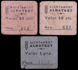 Almatret. 25, 50 céntimos y 1 peseta. (T. 162c, 163 y 164). 3 cartones, serie completa. Muy raros. BC/BC+.