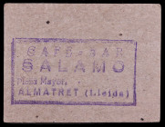 Almatret. Cafè-Bar Salamo. 1 peseta. (AL. falta). Cartón. Raro. EBC-.