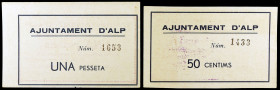 Alp. 50 céntimos y 1 peseta. (T. 179ad y 180). 2 billetes, serie completa. Muy raros así. EBC+.