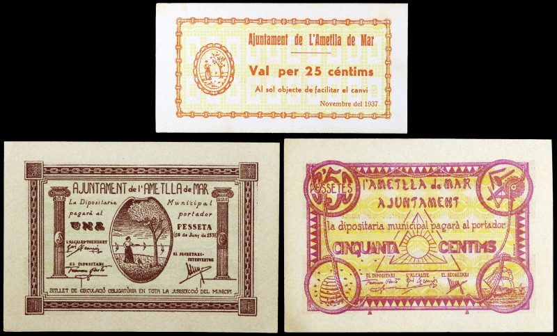 Ametlla de Mar. 25, 50 céntimos y 1 peseta. (T. 189, 190 y 193). 3 billetes, una...