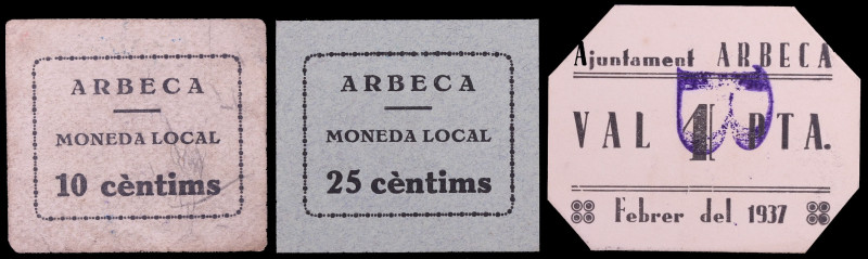 Arbeca. 10, 25 céntimos y 1 peseta. (T. 220f, 222 y 224). 3 cartones. Raros. MBC...
