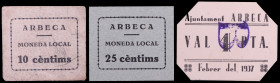 Arbeca. 10, 25 céntimos y 1 peseta. (T. 220f, 222 y 224). 3 cartones. Raros. MBC/EBC.