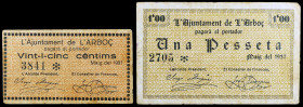 Arboç. 25 céntimos y 1 peseta. (T. 225 y 227). 2 billetes. Ex Áureo 25/05/2005, nº 3836. BC+/MBC-.