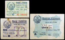 Arbúcies. 25, 50 céntimos y 1 peseta. (T. 230, 234 y 235). 3 billetes. MBC-/MBC+.
