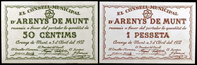 Arenys de Munt. 50 céntimos y 1 peseta. (T. 247 y 248). 2 billetes, todos los de...