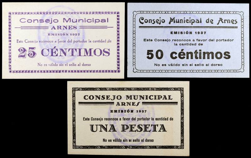 Arnés. 25, 50 céntimos y 1 peseta. (T. 269 a 271). 3 billetes, serie completa. M...