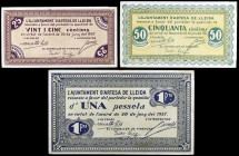 Artesa de Lleida. 25, 50 céntimos y 1 peseta. (T. 287 a 289). 3 billetes, serie completa. Escasos así. EBC-/EBC.