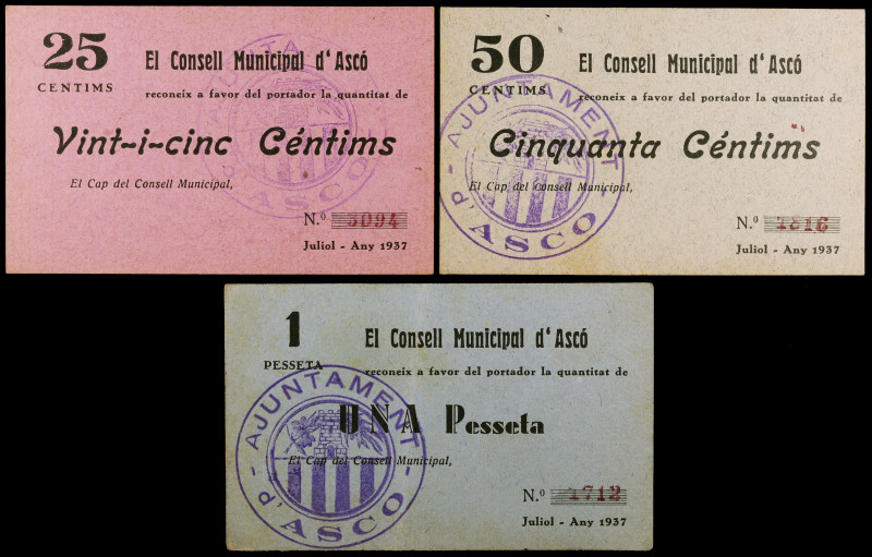 Ascó. 25, 50 céntimos y 1 peseta. (T. 301a, 302a y 303a). 3 cartones, todos los ...