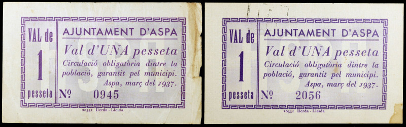 Aspa. 1 peseta. (T. 304 y 304d). 2 billetes. Único valor emitido por esta locali...
