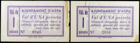 Aspa. 1 peseta. (T. 304 y 304d). 2 billetes. Único valor emitido por esta localidad, con y sin tampón. Raros. BC+/EBC-.