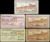 Balaguer. 50 céntimos (dos) y 7 peseta (tres). (T. 339 a 341, 341a y 343). 5 billetes, una serie completa. BC+/MBC.