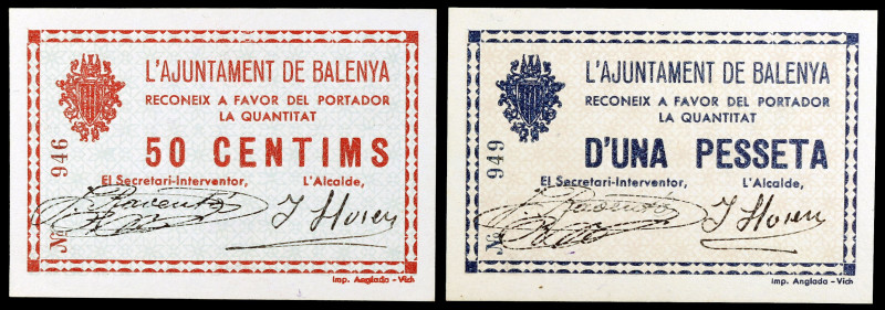 Balenyà. 50 céntimos y 1 peseta. (T. 345a y 346a). 2 billetes, todos los de la l...