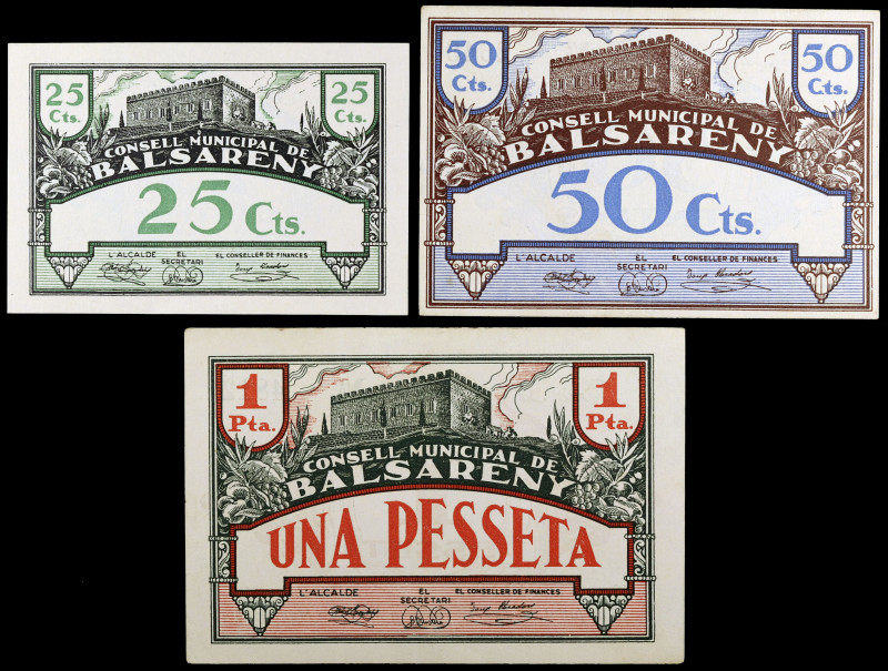 Balsareny. 25, 50 céntimos y 1 peseta. (T. 349a, 350a y 351a). 3 billetes, serie...