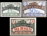 Balsareny. 25, 50 céntimos y 1 peseta. (T. 349a, 350a y 351a). 3 billetes, serie completa "sin ermita". Escasos así. EBC-/EBC+.