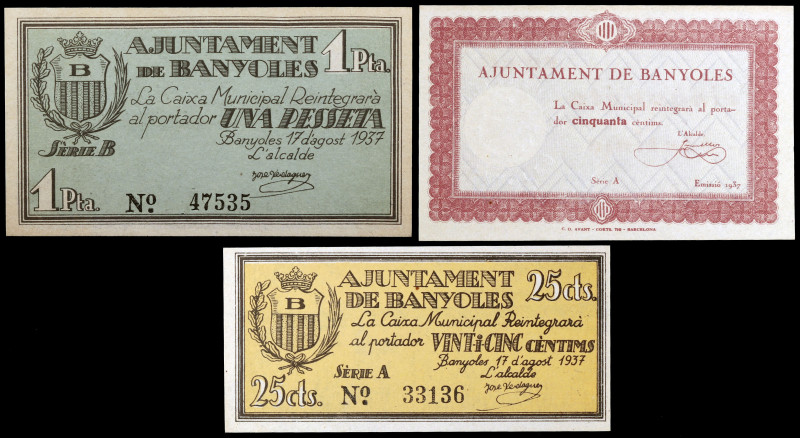 Banyoles. 25, 50 céntimos y 1 peseta. (T. 356 a 358). 3 billetes, una serie comp...