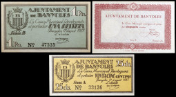 Banyoles. 25, 50 céntimos y 1 peseta. (T. 356 a 358). 3 billetes, una serie completa. Escasos así. EBC/EBC+.