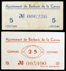 Barberà de la Conca. 5 y 25 céntimos. (T. 367a y 368b). 2 billetes, serie completa. Raros. MBC+/EBC-.