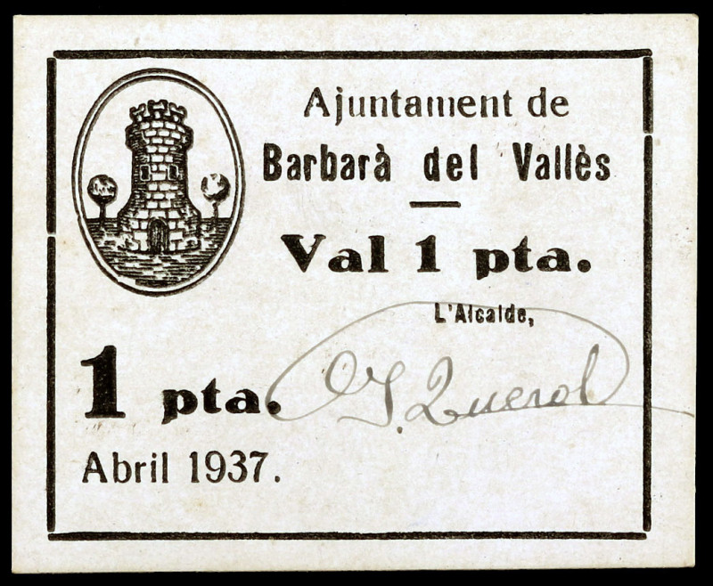 Barberà del Vallès. 1 peseta. (T. 369a). Único cartón de la localidad. Raro. EBC...