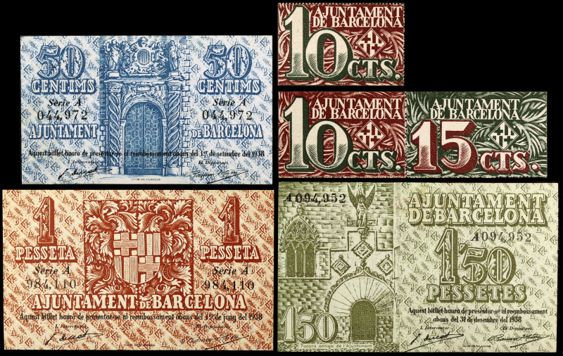 Barcelona. 10 (dos), 15, 50 céntimos, 1 y 1,50 pesetas. (T. 370, 371, 372a, 373,...