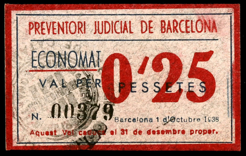 Barcelona. Preventori Judicial. Economat. 25 céntimos. (AL. 1369). Cartón. Raro....
