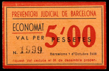 Barcelona. Preventori Judicial. Economat. 5 pesetas. (AL. 1372). Raro. EBC+.