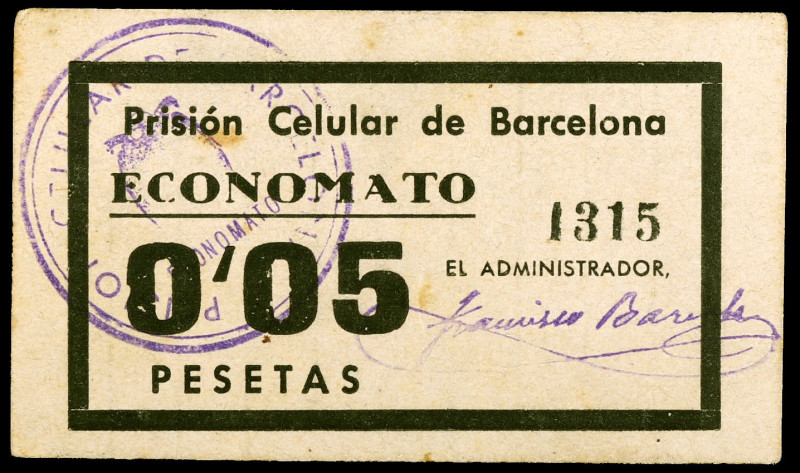 Barcelona. Prisión Celular. Economato. 5 céntimos. (AL. 1379 var). Cartón. Firma...
