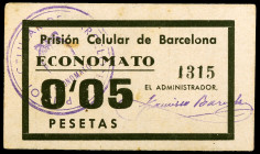 Barcelona. Prisión Celular. Economato. 5 céntimos. (AL. 1379 var). Cartón. Firma: El Administrador. Raro. EBC-.