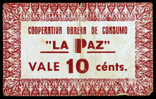 Barcelona. Cooperativa Obrera de Consumo "La Paz". 10 céntimos. (AL. falta, sólo indica el valor de 5 céntimos). Raro. BC+.