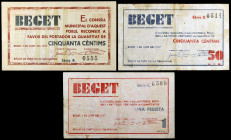 Beget. 50 céntimos (dos) y 1 peseta. (T. 398 a 400). 3 billetes, una serie completa. Muy raros. MBC-/MBC+.