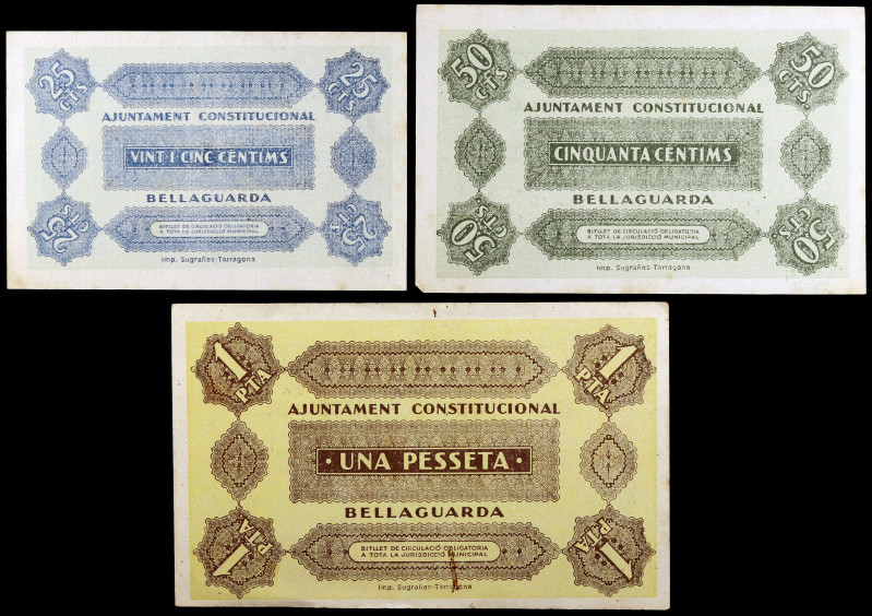 Bellaguarda. 25, 50 céntimos y 1 peseta. (T. 425 var, 426 var y 427 var). 3 bill...