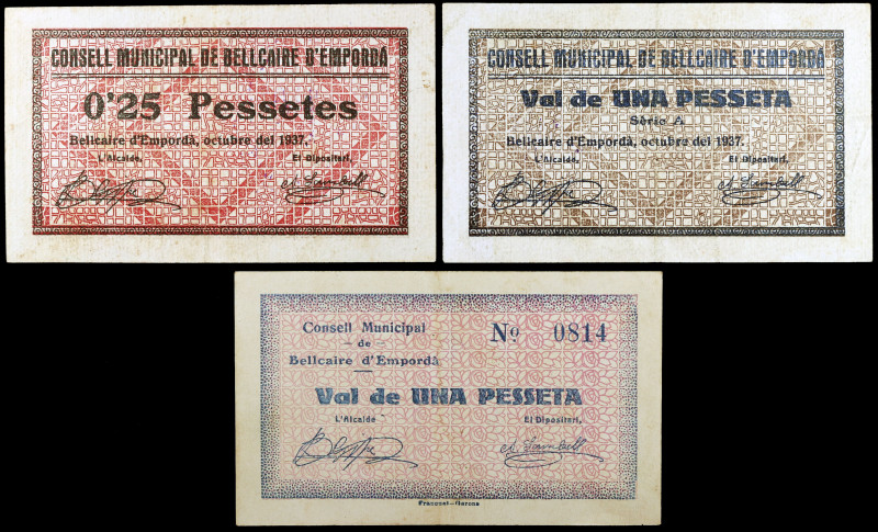 Bellcaire d'Empordà. 25 céntimos y 1 peseta (dos). (T. 431 a 433). 3 billetes, u...