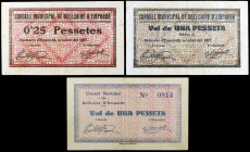 Bellcaire d'Empordà. 25 céntimos y 1 peseta (dos). (T. 431 a 433). 3 billetes, una serie completa, la primera peseta rara. MBC-/MBC.