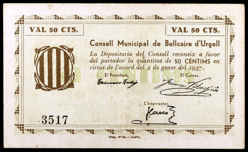 Bellcaire d'Urgell. 50 céntimos. (T. 438a). Raro. MBC+.