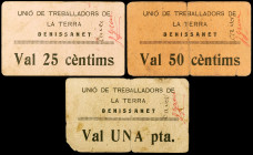 Benissanet. Unió de Treballadors de la Terra. 25, 50 céntimos y 1 peseta. (T. 489 a 491). 3 cartones, serie completa. Rarísimos. BC/MBC-.