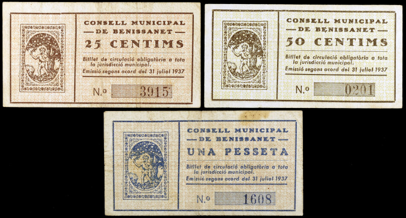 Benissanet. 25, 50 céntimos y 1 peseta. (T. 495 a 497). 3 billetes, serie comple...