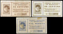 Benissanet. 25, 50 céntimos y 1 peseta. (T. 495 a 497). 3 billetes, serie completa. Raros. BC/MBC-.